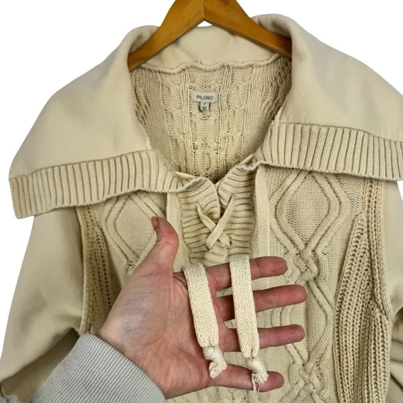 ANTHROPOLOGIE Pilcro Cable Laced Twofer Sweater Creme Size Large Neutral Lace up - Picture 7 of 14